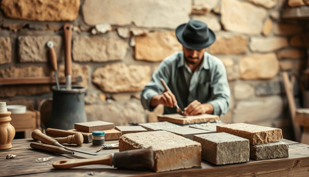 A skilled craftsman in professional attire is meticulously restoring a sandstone wall, showcasing the techniques of sandstone restoration. In the foreground, tools like chisels, brushes, and adhesive materials are neatly arranged on a wooden workbench, with sandstones in various textures and shades. The middle ground captures the craftsman in action, scraping and applying a blend of materials with precision. The background features a partially restored sandstone wall, revealing the contrast between the newly restored sections and the original weathered stone. Soft, natural lighting filters through, creating a warm, inviting atmosphere that emphasizes the dedication and artistry involved in the restoration process. The image is captured with a Sony A7R IV at 70mm, ensuring sharp details and defined textures.