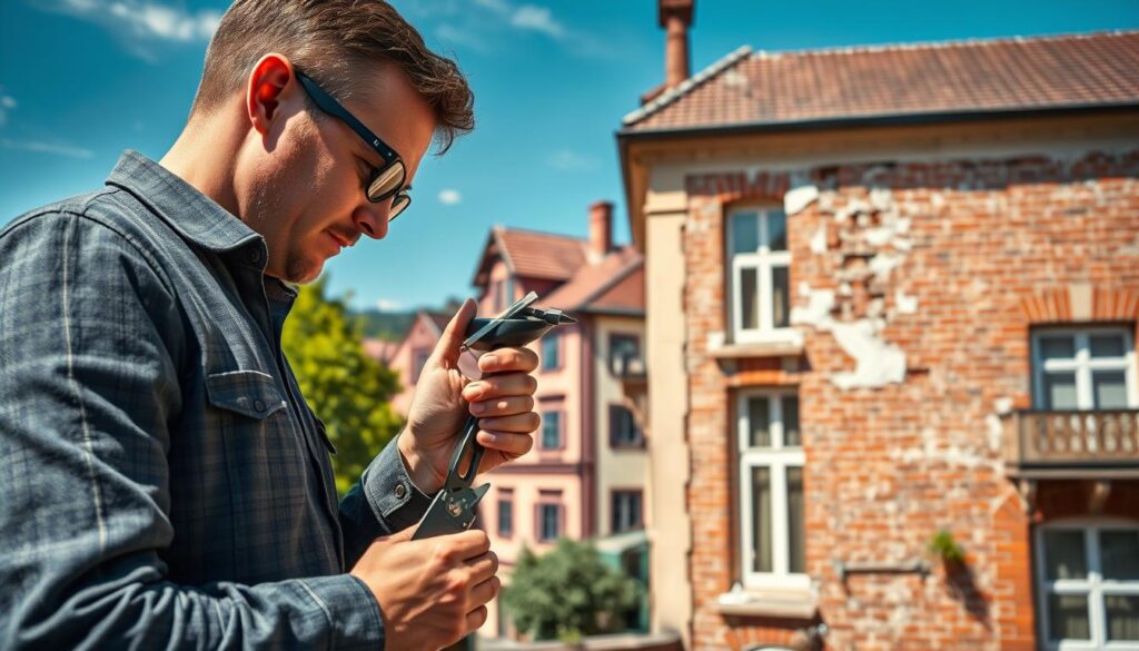 A skilled craftsman in professional business attire engages in renovation work on a charming, historic building in Bad Pyrmont. In the foreground, the craftsman holds tools, focused on a detailed architectural element, showcasing precision and craftsmanship. In the middle ground, a partially renovated facade displays fresh paint and exposed brick, illustrating the restoration process. The background features the picturesque spa town of Bad Pyrmont, with lush greenery and elegant buildings under a clear blue sky. The image is shot with a Sony A7R IV at 70mm, resulting in a clearly focused, sharply defined visual with a polarized filter, enhancing colors and depth. The atmosphere is vibrant and professional, capturing the essence of expert renovation work in a serene environment.