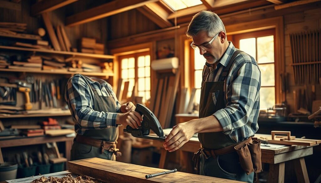 A skilled craftsman working diligently in a cozy workshop nestled in the picturesque Weserbergland region. The foreground features a middle-aged male carpenter in professional attire, wearing safety goggles and a tool belt, focused on intricately shaping wooden beams with a hand saw. In the middle ground, shelves filled with various hand tools and a workbench cluttered with project materials like wood shavings and blueprints can be seen. The background showcases large windows letting in warm, golden sunlight that illuminates the space, casting soft shadows. The overall mood conveys a sense of urgency and demand for skilled labor, reflecting the theme of workforce scarcity. Shot on a Sony A7R IV at 70mm, with a polarized filter, allowing for vividly defined textures and a bright ambiance.