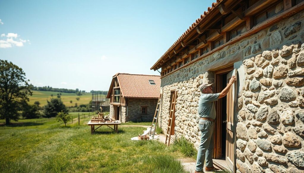 A skilled craftsman working on the restoration of a historic farm building in a picturesque rural setting. In the foreground, the artisan is carefully applying traditional materials to the weathered stone exterior, wearing modest casual clothing suitable for manual work. The middle ground showcases the partially restored structure with exposed wooden beams and a rustic charm, surrounded by scaffolding. The background features lush green fields and a clear blue sky, enhancing the serene atmosphere. The scene is captured in bright, natural lighting with a polarized filter, creating vivid colors and sharp details. Shot with a Sony A7R IV at 70mm, focusing on the craftsmanship and historical significance of the building.
