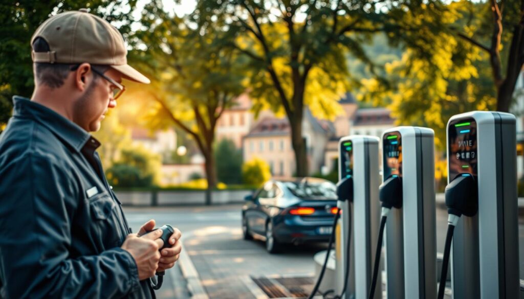 A skilled electrician in professional attire is working diligently at a modern electric vehicle charging station in Bad Pyrmont. In the foreground, the electrician focuses on installing charging equipment, tools in hand, highlighting expertise and detail. The middle ground features sleek, well-designed charging units, showcasing innovative technology and accessibility for electric vehicles. In the background, the picturesque scenery of Bad Pyrmont unfolds, with historic buildings and lush greenery, reflecting the charm of the town. Soft, warm sunlight filters through the trees, creating an inviting atmosphere, while a shallow depth of field brings the foreground into sharp focus. The image captures a moment of progress in e-mobility, emphasizing the importance of electrical infrastructure in a sustainable future. Shot on Sony A7R IV at 70mm, with a polarized filter for enhanced clarity and vibrancy.