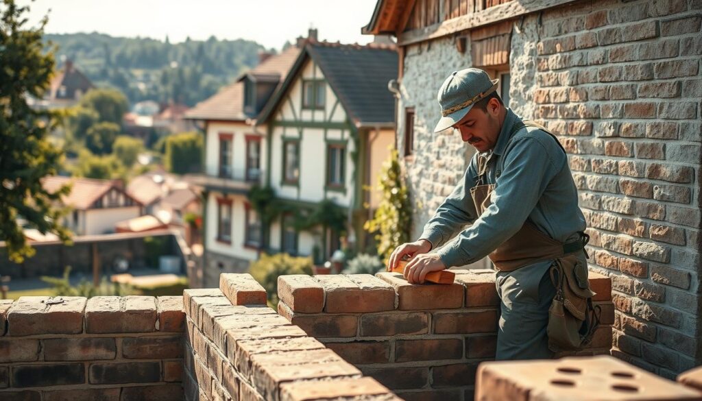 A skilled mason at work in Bad Pyrmont, expertly constructing a brick wall for an older house undergoing renovation. In the foreground, the mason, dressed in professional work attire, carefully lays bricks with precision, tools nearby. In the middle ground, the partially renovated house features classic architecture, illustrating both the old and new elements seamlessly blending together. In the background, a picturesque Bad Pyrmont landscape with lush greenery and historic buildings underscores the town's charm. The scene is warmly lit by soft afternoon sunlight, creating inviting shadows and highlights. Captured with a Sony A7R IV at 70mm, this composition is clearly focused and sharply defined, utilizing a polarized filter to enhance the details. The overall mood reflects dedication and craftsmanship in this traditional trade.