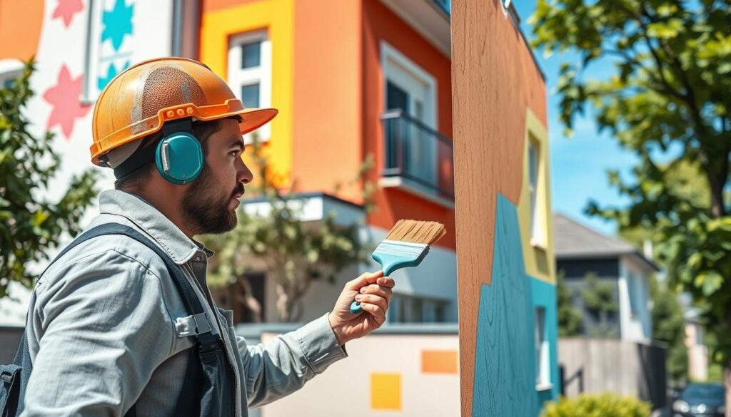 A skilled painter at work, applying vibrant, fresh paint to the exterior of a modern residential building in Minden, showcasing various facade design techniques. In the foreground, the painter, dressed in professional work attire, focusedly brushes colorful patterns onto the wall. The middle ground features a stylish and well-maintained residential building with contrasting colors that harmonize with its surroundings, highlighting both modern and traditional design elements. The background reveals a clear blue sky and lush green trees, emphasizing a serene atmosphere. The image should be shot on a Sony A7R IV with a 70mm lens, using a polarized filter for enhanced color saturation and clarity, capturing the vivid colors while maintaining a professional, inviting tone. The overall mood should convey creativity and craftsmanship in facade design.