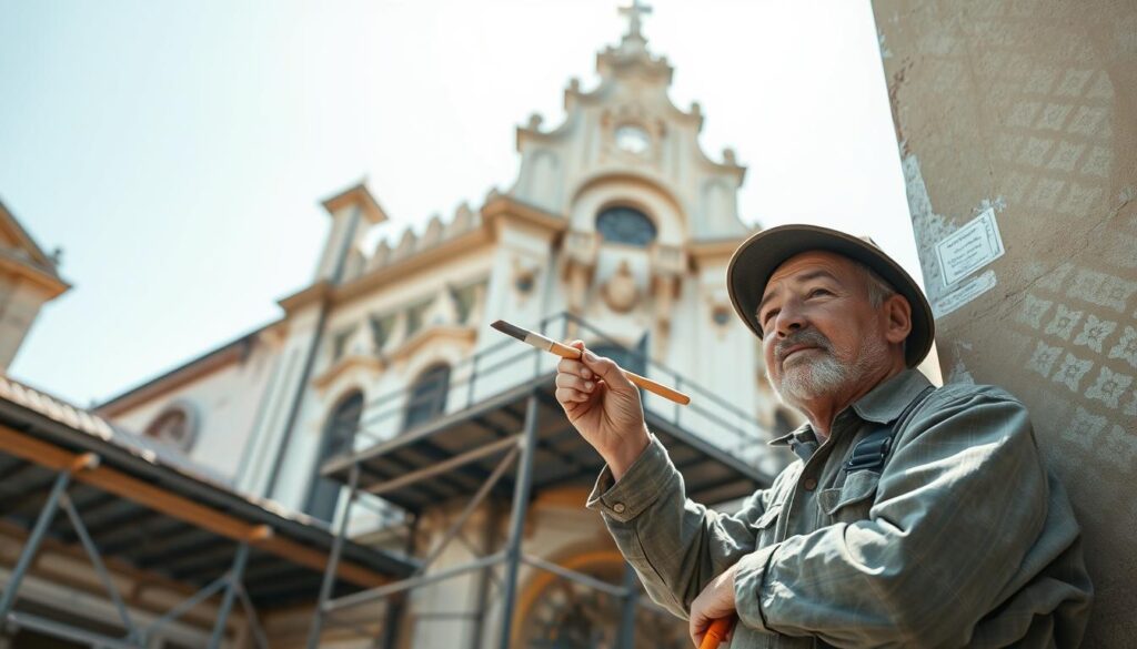 A skilled painter performing meticulous restoration work on a historic building under conservation protection, showcasing traditional painting techniques. In the foreground, a middle-aged professional in modest work attire is carefully applying a brush with precise strokes on a large wall adorned with intricate patterns. The middle ground features the beautifully aged architecture of the historic structure, with ornate details and textures visible, surrounded by scaffolding. The background captures a bright, clear sky, allowing natural light to cast soft shadows, emphasizing the painter's focused expression. The image is shot on a Sony A7R IV, at 70mm, with a sharply defined focus and a polarized filter, conveying a mood of dedication and respect for craftsmanship.