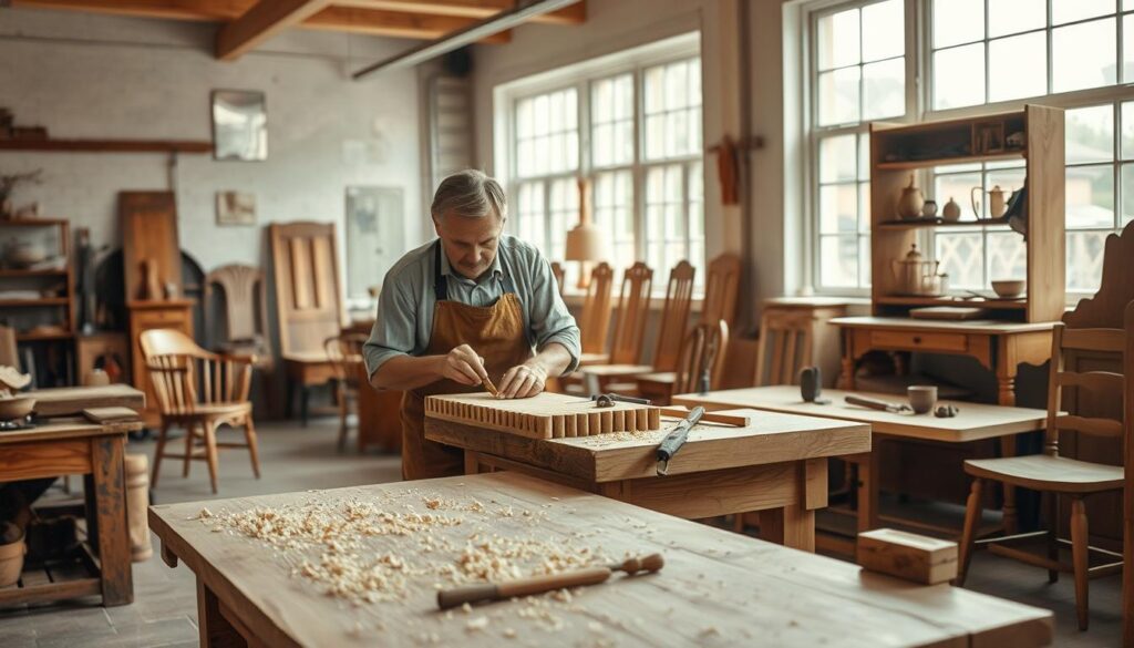 A skilled regional carpenter working in a well-lit workshop, focused on crafting elegant wooden furniture. In the foreground, the carpenter, wearing a modest casual shirt and work apron, is carefully shaping a piece of oak on a traditional woodwork bench, surrounded by tools and wood shavings. In the middle ground, various finished pieces of bespoke furniture, including chairs and tables, are displayed, showcasing intricate craftsmanship. The background features large windows that let in soft, natural light, illuminating the cozy workshop atmosphere. Shot with a Sony A7R IV at 70mm, the image is sharply focused and vividly detailed, creating a warm, inviting mood that highlights the artisan's dedication to quality and skill.