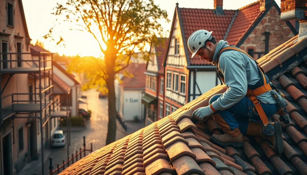 A skilled roofer expertly working on a historic building in a charming old town, showcasing the restoration of Weserrenaissance-style roofs. In the foreground, the roofer is wearing safety gear and professional attire, carefully examining traditional clay tiles with focused attention. The middle ground features a beautifully restored building with intricate architectural details, vibrant colors, and surrounding scaffolding. The background reveals quaint cobblestone streets, old-world charm, and trees gently swaying in a soft breeze. The scene is illuminated by warm, golden hour sunlight, creating a nostalgic and serene atmosphere. Captured with a Sony A7R IV at 70mm, the image is sharply defined and clearly focused, enhanced by a polarized filter to deepen the colors and contrast.