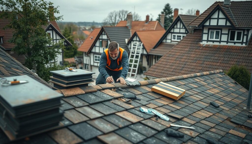A skilled roofer working diligently on a residential roof in Rinteln, surrounded by storm-damaged shingles and tools for roof renovation. In the foreground, the roofer, dressed in professional work attire, carefully inspects the roof with a focused expression. In the middle ground, stacks of new roofing materials are visible, alongside a ladder leaning against the house. The background features a picturesque German neighborhood, with charming half-timbered houses and overcast skies, hinting at recent storms. The scene is captured with soft, diffused lighting to emphasize the seriousness of the work and the importance of roof repair after severe weather. Shot with a Sony A7R IV at 70mm, the image is sharply defined and clear, creating a professional and informative atmosphere.