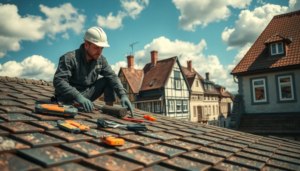 A skilled roofer working diligently on a sloped roof in Rinteln, wearing a hard hat and professional work attire. The foreground highlights detailed roofing materials like shingles and tools scattered around him. In the middle ground, the charming architecture of Rinteln's historic buildings can be seen, showcasing a mixture of traditional and modern styles. The background features a bright blue sky with fluffy white clouds, casting soft shadows over the scene. The image is captured with a Sony A7R IV at 70mm, using a polarized filter to enhance colors and contrast. The overall mood is industrious and inviting, highlighting the professionalism and craftsmanship of local tradespeople in Rinteln.