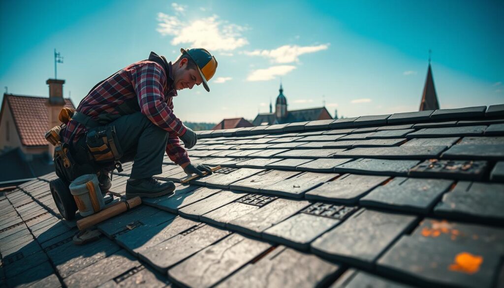 A skilled roofer working on a sustainable slate roof in Bückeburg, capturing the essence of traditional craftsmanship and ecological responsibility. In the foreground, focus on the roofer, dressed in professional work attire, carefully installing slate tiles, with tools laid out beside him. The middle layer depicts the intricately assembled slate roof, showcasing various textures and color variations that highlight sustainability. In the background, a picturesque view of Bückeburg’s historical buildings under a clear blue sky. The lighting is warm and natural, creating a vibrant atmosphere, shot with a Sony A7R IV at 70mm, with a polarized filter for clarity and sharpness, emphasizing the rich details of the roof and surroundings.