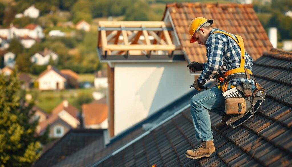 A skilled roofer works diligently on a residential roof in Stadthagen, Germany, focusing on the intricate details of a roof expansion and the installation of a dormer. In the foreground, the roofer, dressed in professional work attire, is positioned on a rooftop, using tools like a saw and hammer. The middle ground features the partially constructed dormer, showcasing wooden beams and roofing materials, with a picturesque view of Stadthagen's charming houses in the background. The scene is bathed in warm afternoon light, casting soft shadows to highlight the craftsmanship. Shot on a Sony A7R IV at 70mm, the image is clearly focused and sharply defined, capturing the essence of skilled roofing work in a vibrant, welcoming atmosphere.