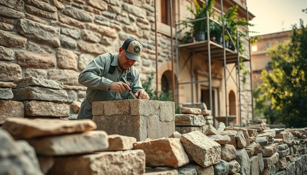 A skilled stone mason meticulously applying traditional techniques in stone restoration, focused on sandstone facades. In the foreground, the mason wears modest, professional work attire, carefully chiseling a weathered stone block with hand tools, conveying precision and craftsmanship. The middle ground showcases an array of stones, showcasing their textures and colors, alongside a palette of natural restoration materials. The background features a historic building under restoration, with scaffolding and greenery partially obscuring the structure, creating a sense of depth. The scene is illuminated by warm, natural sunlight, enhancing the textures of the stone and casting gentle shadows. Captured with a Sony A7R IV at 70mm, the image is sharply defined, with a polarized filter highlighting the intricate details of the stonework, evoking a mood of reverence for traditional craftsmanship and cultural heritage.