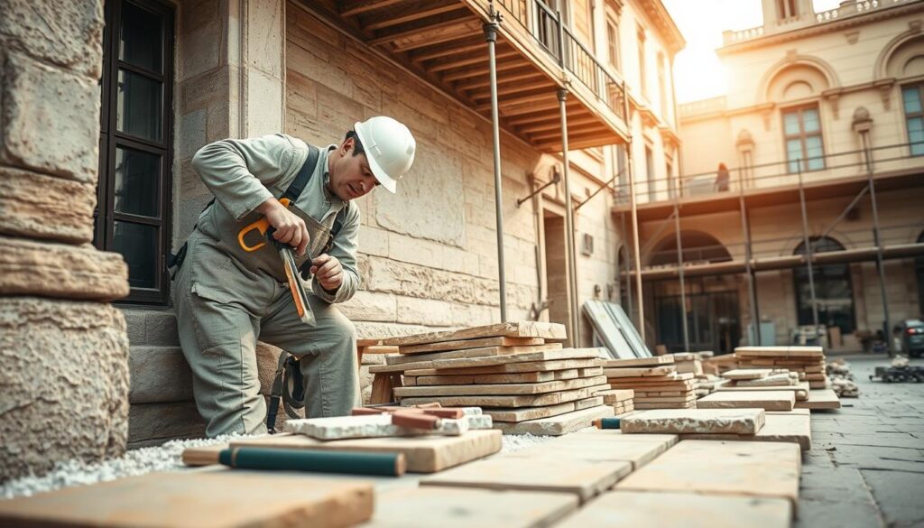 A skilled stone mason meticulously restoring a historical facade, showcasing the process of natural stone renovation. In the foreground, the mason, dressed in professional work attire, is applying specialized tools to carefully clean and repair weathered stone, revealing its original texture. The middle ground captures various types of natural stone and restoration materials laid out, highlighting the tools and techniques used in the restoration process. The background features a beautifully detailed historical building, with architectural elements partially obscured by scaffolding, bathed in soft natural light that creates a warm and inviting atmosphere. The shot is taken with a Sony A7R IV at 70mm, ensuring clear focus and sharp definition, utilizing a polarized filter to enhance colors and reduce glare, conveying the dedication to preserving cultural heritage through natural stone restoration.