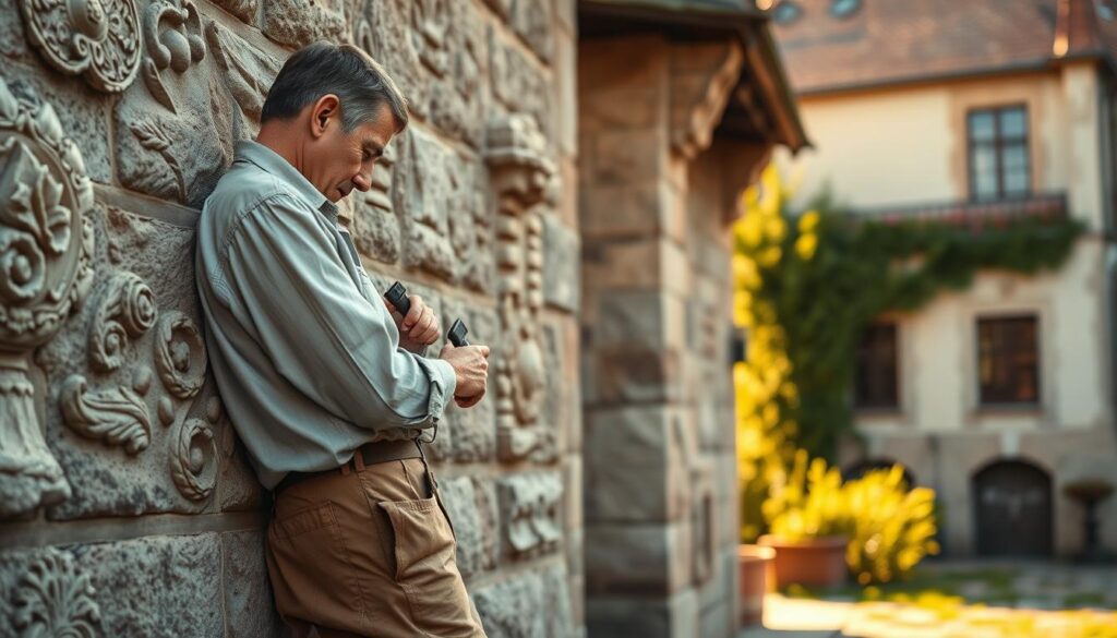 A skilled stonemason at work, delicately restoring a historic stone façade in Höxter, showcasing traditional techniques. In the foreground, the craftsman is positioned, focused on chiseling intricate details into the natural stone, wearing a modest work shirt and trousers. The middle ground features the beautifully textured stone wall, adorned with carved floral motifs and historical elements that reflect its cultural heritage. In the background, a soft-focus view of a quaint historic building can be seen, bathed in gentle golden hour lighting. The image is captured with a Sony A7R IV at 70mm, featuring sharply defined details and a polarized filter to enhance the colors and textures. The atmosphere is one of craftsmanship reverence, emphasizing the connection between nature and history.