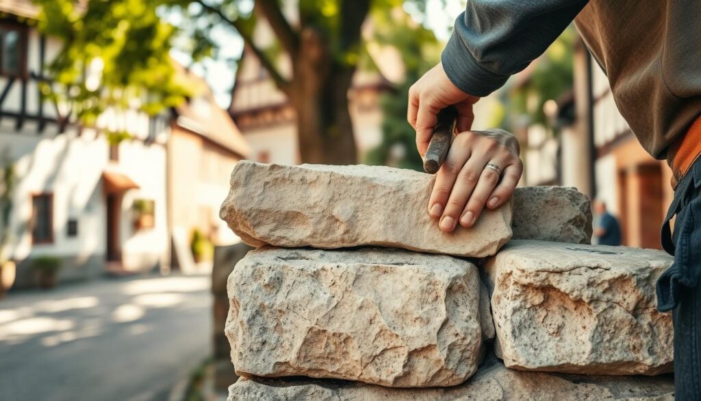 A skilled stonemason at work, delicately restoring a natural stone wall in Rinteln. In the foreground, the focus is on the mason's hands, expertly chiseling a piece of sandstone, showcasing the texture and rich colors of the stone. The middle ground features the partially restored wall, with intricate patterns of carved stone that reflect the craftsmanship of the restoration process. The background reveals a charming Rinteln street with traditional half-timbered buildings, softly blurred to emphasize the restoration scene. The image is captured with natural light filtering through the trees, creating a warm, inviting atmosphere, shot on a Sony A7R IV at 70mm, clearly focused and sharply defined, with a polarized filter enhancing the colors and contrast.