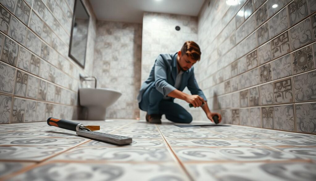 A skilled tile layer at work in a stylish bathroom, focusing on the installation of elegant ceramic tiles. In the foreground, a close-up of expertly arranged tiles showing intricate designs and patterns, with tools like a tile cutter and trowel nearby. In the middle ground, the professional, dressed in a smart, modest outfit, is actively engaged in positioning tiles, showcasing concentration and precision. The background reveals partially completed walls with fresh grout and ambient lighting highlighting the craftsmanship. The scene is captured with a Sony A7R IV at 70mm, showcasing sharp details and clarity through a polarized filter, creating a professional atmosphere in a modern renovation setting. The overall mood is one of expertise and dedication to quality workmanship.