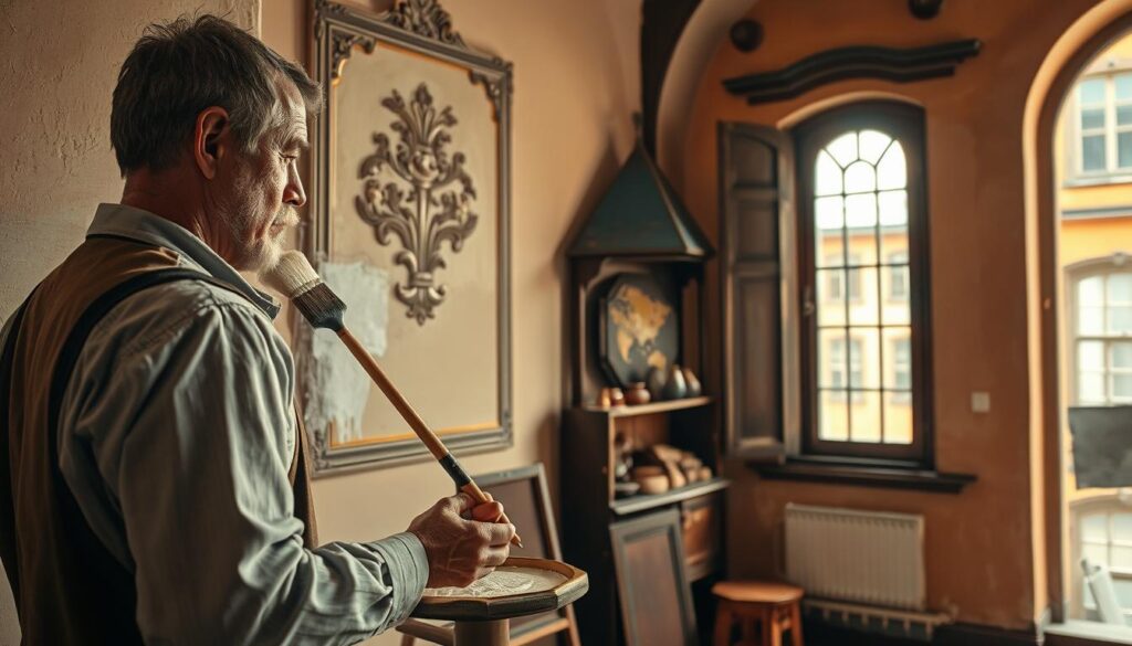 A skilled traditional painter demonstrating "Anstrichtechniken Kalkanstrich" technique in a historic setting, surrounded by classic architectural elements that reflect the preservation of cultural heritage. In the foreground, the painter, dressed in modest, professional attire, brushes the wall with a lime wash, capturing the texture and nuances of the Kalkanstrich technique. The middle ground features exquisite examples of traditional craftsmanship, including intricate designs and color variations. In the background, softly lit by natural daylight coming through a large window, historic buildings with warm hues create a cozy, inviting atmosphere. The image is sharply focused, shot on a Sony A7R IV at 70mm with a polarized filter, ensuring vibrant colors and clear details. The overall mood conveys a sense of dedication to heritage and artistry.