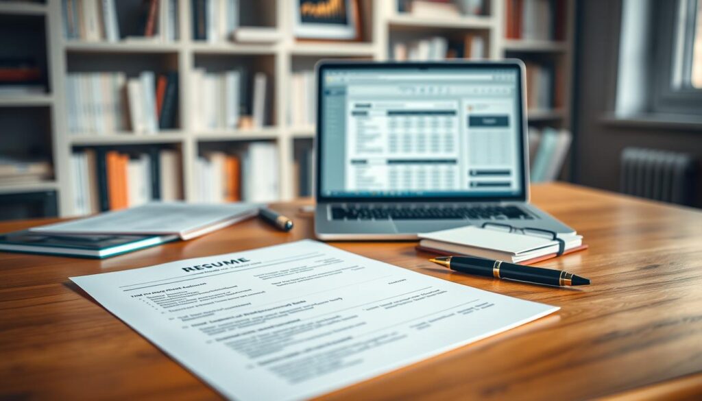 A sleek, modern workspace featuring a professional resume layout on a wooden desk. In the foreground, a detailed view of a well-designed resume with clear sections for personal details, work experience, and skills, elegantly formatted with bullet points and bold headings. In the middle, a laptop is open with spreadsheets and job listings visible on the screen, while a stylish pen and a notebook rest nearby, suggesting an atmosphere of productivity and attention to detail. The background includes a softly blurred bookshelf filled with business and career development books, creating a warm and inviting ambiance. The lighting is natural, streaming in from a nearby window, highlighting the textures of the objects. Shot on Sony A7R IV with a 70mm lens, sharply defined and vibrant, emphasizing professionalism and organization.