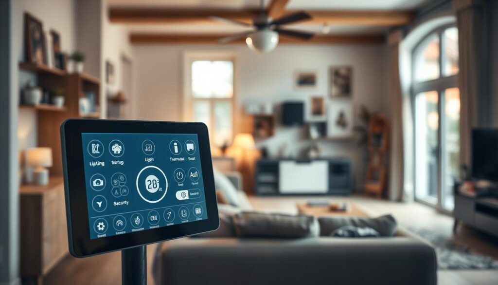 A smart home interior showcasing advanced home technology integration, focused on 'Vernetzung in der Haustechnik'. In the foreground, a sleek digital control panel displaying interconnected smart devices like lighting, thermostat, and security cameras, illuminated with soft, ambient lighting. The middle area depicts a cozy living room with a modern aesthetic, featuring smart appliances seamlessly integrated into the decor. The background reveals a blend of traditional and contemporary architecture, symbolizing a retrofit process in an older building. The scene is captured with a Sony A7R IV at 70mm, ensuring sharp details and a polished finish, with a polarized filter enhancing colors and clarity. The overall mood is innovative and inviting, emphasizing the benefits of smart home connectivity in everyday living.