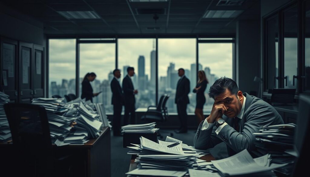 A somber office environment illustrating societal pressures related to workaholism. In the foreground, a stressed professional in business attire sits at a cluttered desk overflowing with paperwork, their expression reflecting anxiety and fatigue. In the middle ground, a group of colleagues, also in professional attire, engage in conversation, their postures suggesting competition and ambition. The background features a city skyline seen through a large glass window, symbolizing the relentless pursuit of success. Soft, diffused lighting creates a moody atmosphere, with shadows emphasizing the weight of societal expectations. Shot with a Sony A7R IV at 70mm, providing clarity and sharp detail, enhanced by a polarized filter to ensure vibrant colors.
