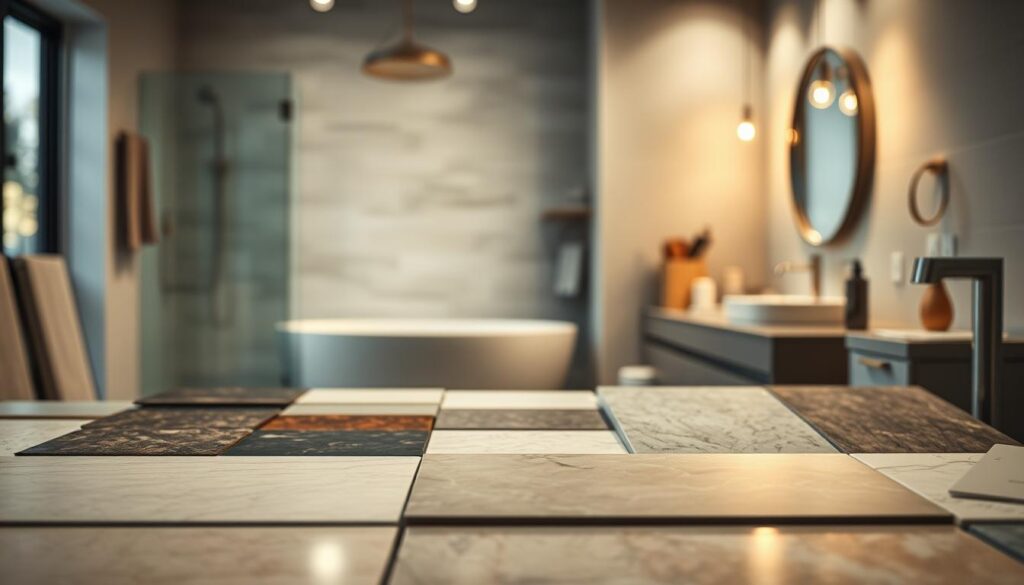 A sophisticated selection of high-quality materials for bathroom renovation, featuring a variety of elegant tiles, stone samples, and modern fixtures. In the foreground, showcase a neatly arranged display of materials, including glossy and matte finishes, showcasing subtle textures in natural stone and ceramic. The middle ground highlights a well-lit workspace with tools and swatches, enhancing the craftsmanship theme. In the background, a softly blurred image of a beautifully remodeled bathroom, exuding a clean and contemporary aesthetic, with soft ambient lighting. The mood is professional and inviting, focusing on substance and quality. The image is sharply defined, shot with a Sony A7R IV at 70mm, using a polarized filter to enhance colors and reduce glare.
