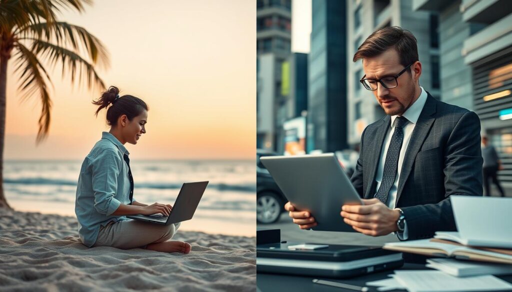 A split image representing the pros and cons of workation. On the left side, a tranquil beach scene showcases a person in casual business attire working on a laptop, with palm trees swaying gently in the breeze and a serene ocean gradient. Soft, warm lighting enhances the relaxed mood, creating a feeling of productivity and peace. On the right, a contrasting busy cityscape depicts a more chaotic work environment, with a person dressed in professional business attire surrounded by paperwork and a laptop, showing signs of stress. The harsh lighting and blurred motion convey urgency. The image is captured with a Sony A7R IV at 70mm, clearly focused and sharply defined, utilizing a polarized filter to enhance colors and details in both environments.