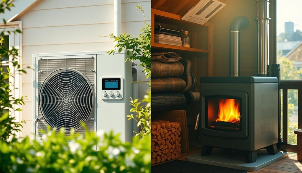 A split-screen image comparing a heat pump and a pellet heating system. On the left, the heat pump is shown in a modern home setting, featuring sleek lines, energy-efficient design, and a digital control panel, surrounded by lush greenery and sunlight streaming in, evoking a sense of clean energy. On the right, the pellet heating system is depicted within a cozy, rustic interior, highlighting its wooden pellets, traditional stove design, and warm, inviting glow from the flames. The background blends urban and rural landscapes, representing both modern and traditional heating solutions. Shot with a Sony A7R IV at 70mm, the image is sharply defined with a polarized filter, capturing details vividly in bright daylight, enhancing the contrast between the two systems. The overall mood is informative and engaging, ideal for illustrating the comparison.