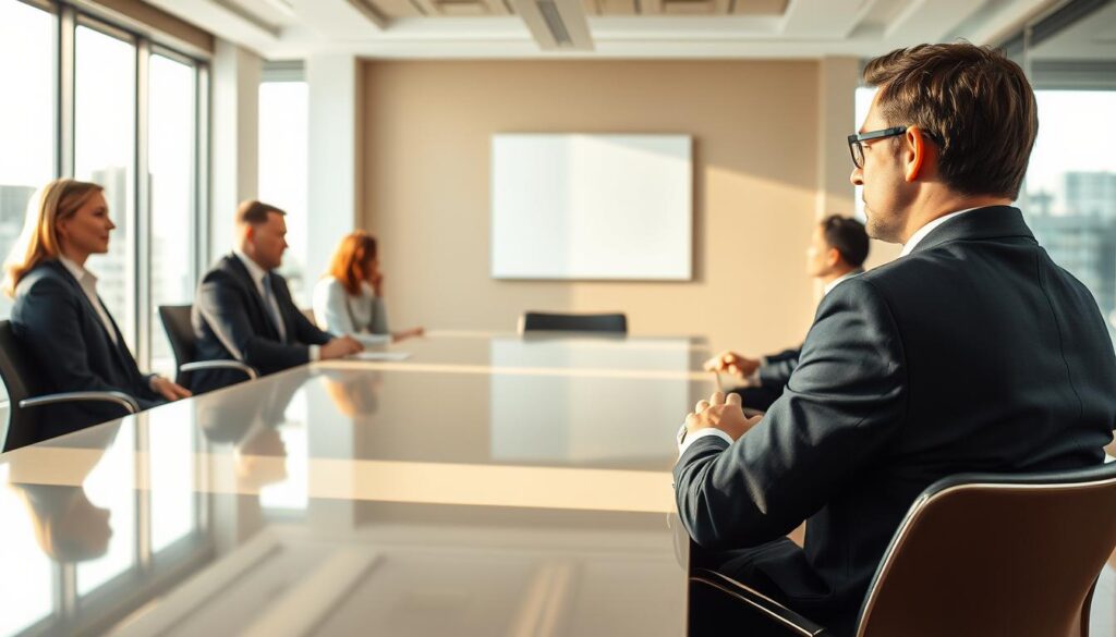 A staged, visually engaging scene depicting the opportunities and risks of a job interview, set in a modern office environment. In the foreground, a well-dressed candidate in professional attire is sitting across from an interview panel, looking attentive yet slightly nervous. The middle layer features the interviewers, a diverse group in business attire, exchanging thoughtful glances, positioned around a polished conference table. In the background, soft natural light streams through large windows, illuminating the room, creating a warm, inviting atmosphere. The camera angle captures the interaction from a low perspective, using a Sony A7R IV with a 70mm lens, clearly focused and sharply defined, enhanced by a polarized filter to deepen colors and reduce glare. The mood is a mix of anticipation and professionalism.