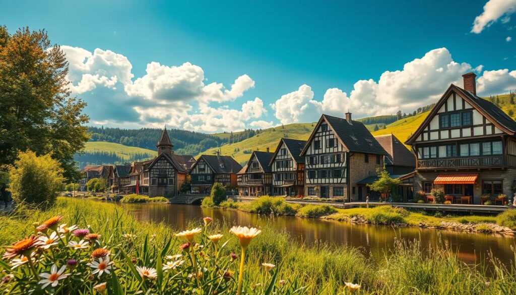 A stunning array of traditional "Fachwerkhäuser" nestled along the serene banks of the Weser River, showcasing their distinctive timber-frame construction with exposed beams and intricate detailing. In the foreground, a lush green landscape with blooming wildflowers adds a touch of nature's beauty, creating a harmonious backdrop for the historic buildings. The middle ground features the charming half-timbered houses, each uniquely adorned, reflecting the rich cultural heritage of the region. The background reveals gentle rolling hills under a striking blue sky with fluffy white clouds, emphasizing the peace of the area. The scene is captured with soft, golden sunlight filtering through the trees, highlighting the textures and colors of the timber and stone. Shot on a Sony A7R IV at 70mm, ensuring a clear focus and sharp definition, complemented by a polarized filter for vibrant colors. The atmosphere is tranquil and inviting, celebrating the architectural legacy of Hessisch Oldendorf.