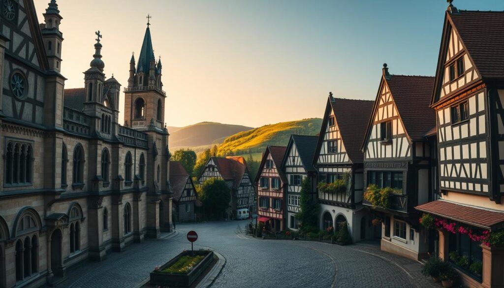 A stunning view of the historical landmarks in Höxter, showcasing Corvey Abbey in the foreground with its intricate Gothic architecture and majestic towers. The middle ground features several well-preserved medieval buildings, characterized by half-timbered structures, cobblestone streets, and charming facades adorned with flowers. In the background, the lush green hills of the Weser Uplands provide a serene backdrop, while soft, golden evening light bathes the scene, creating a warm and inviting atmosphere. Shot with a Sony A7R IV at 70mm, the image is sharply defined with vibrant colors, utilizing a polarized filter to enhance the sky's blue and the greenery of the landscape. The overall mood is nostalgic and timeless, reflecting the rich heritage of the area.
