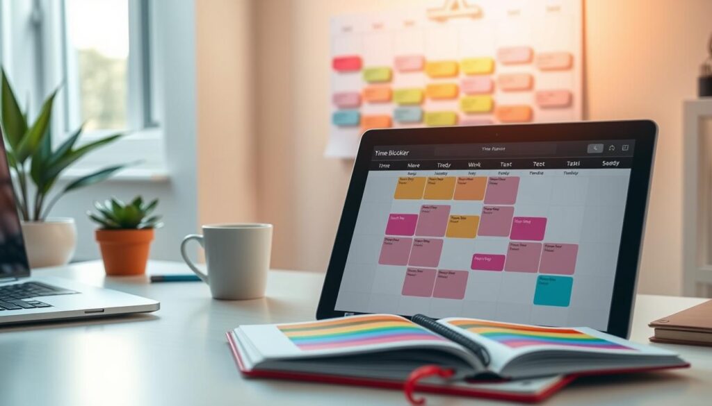 A stylish workspace showcasing effective time-blocking strategies. In the foreground, a clean desk with a digital planner open to a colorful time-blocking schedule filled with vibrant colors and designated time slots. A laptop, a coffee cup, and a potted plant add depth. The middle ground features a wall-mounted calendar with various tasks highlighted in different colors, symbolizing organization and efficiency. In the background, a window lets in soft, natural light, casting warm tones across the room, enhancing a productive atmosphere. The entire scene should convey a calm, focused working environment, shot on a Sony A7R IV at 70mm, clearly focused, with sharply defined details and a polarized filter for crisp visuals.