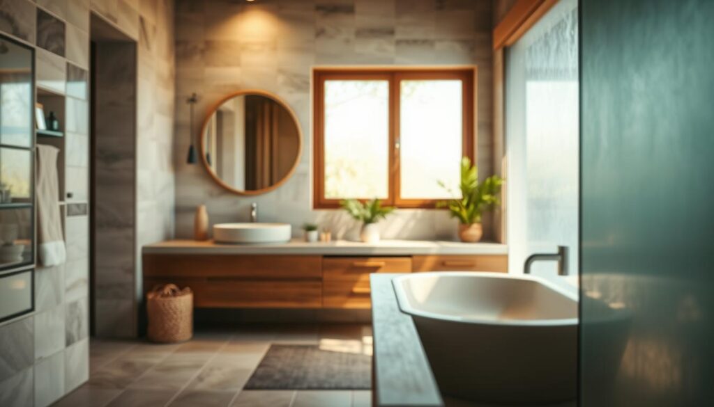 A sustainable bathroom interior showcasing eco-friendly materials. In the foreground, elegant tiles made from recycled glass and bamboo accents. The middle layer features a sleek, minimalist sink crafted from natural stone and a wooden vanity, complemented by a small indoor plant. In the background, frosted glass windows allow soft, natural light to filter in, illuminating the space in a warm glow, enhancing the organic feel of the room. The image is captured with a Sony A7R IV at 70mm, ensuring a clear focus on the textures of the materials. The atmosphere is serene and inviting, promoting a sense of tranquility and sustainability in modern bathroom design.
