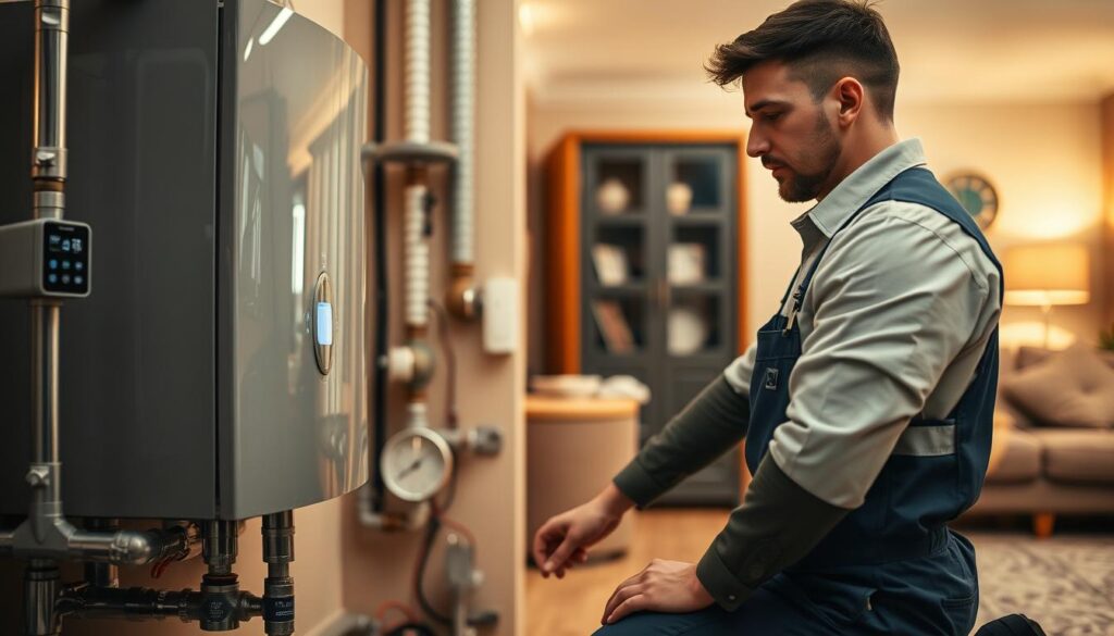 A technician in professional work attire is engaged in the maintenance of a modern heating system within a cozy residential environment. In the foreground, the technician is inspecting a sleek gas boiler with a focused expression, tools laid out neatly beside him. The middle ground features various components of the heating system, such as pipes, gauges, and a digital thermostat, enhancing the scene's technical detail. The background includes a warm, inviting living room with subtle lighting that casts a soft glow, highlighting the importance of home comfort. Captured with a Sony A7R IV at 70mm, the image is sharply defined and vividly detailed, creating an atmosphere of professionalism and care in home maintenance.