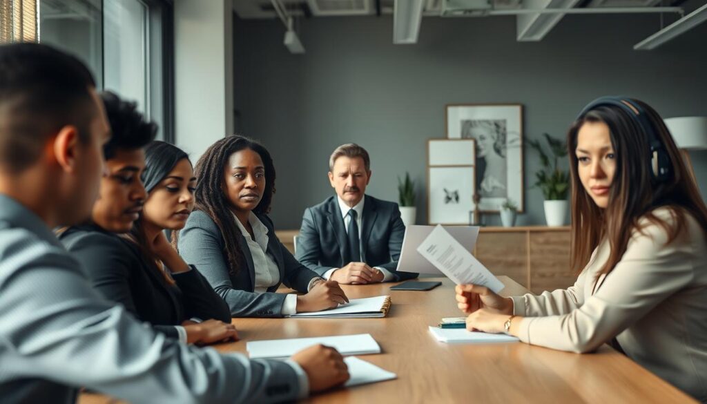 A tense atmosphere in a modern office setting during a job interview. In the foreground, a diverse group of three applicants in professional business attire, seated across a conference table. Focus on their facial expressions—anxiety, determination, and confidence. In the middle ground, a well-dressed interviewer, reviewing resumes, observing the candidates with a discerning look. The background features subtle office decor, such as potted plants and contemporary art, adding to the professional ambiance. The lighting is bright yet soft, creating an inviting yet tense feeling, reminiscent of a critical moment. Shot on a Sony A7R IV at 70mm, with a clearly focused composition and sharpened details enhanced by a polarized filter, evoking a sense of competition and ambition.