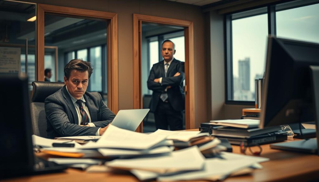 A tense office scene depicting a micromanaging supervisor keeping a watchful eye on their employee. In the foreground, a business professional in smart attire sits at a cluttered desk, looking anxious and overwhelmed, surrounded by papers and a laptop. The middle ground features the supervisor, observing from a doorway with a stern expression, arms crossed, exuding authority and control. The background shows a modern office environment with a large window, hinting at an outside cityscape. The lighting is bright and slightly harsh, emphasizing the pressure of the workplace atmosphere. The image captures a mood of tension and stress, showcasing the dynamics of micromanagement. Shot on a Sony A7R IV at 70mm, clearly focused and sharply defined, with a polarized filter enhancing clarity.