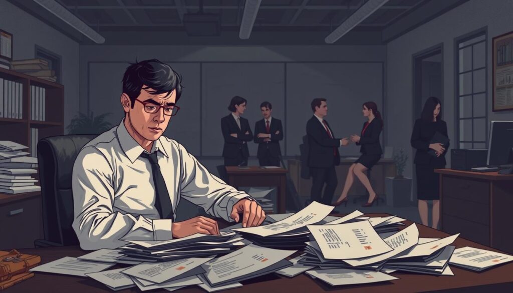 A thought-provoking illustration depicting the causes of demotivation in a professional setting. In the foreground, a business person seated at a desk with a stressed expression, cluttered with papers representing overwhelming tasks. In the middle ground, colleagues in professional attire engage in subdued discussions, their body language indicating uncertainty and frustration. The background features a dreary office environment with dim lighting, casting shadows that emphasize the heavy atmosphere. The scene is captured with a Sony A7R IV 70mm lens, producing a sharply defined image, using a polarized filter to enhance clarity and contrast. The mood is somber, reflecting the weight of demotivation and challenges faced in the workplace.