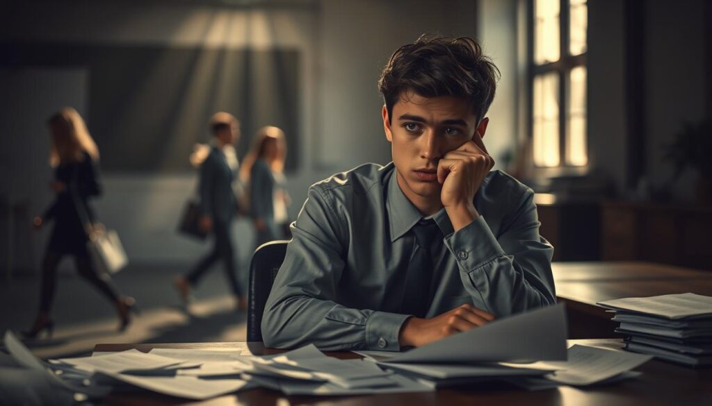 A thoughtful and somber scene depicting the emotional consequences of an apprenticeship breakdown. In the foreground, a young adult dressed in professional attire sits at a desk, looking pensive and worried, surrounded by scattered papers symbolizing uncertainty. In the middle ground, blurred figures of peers walking away, representing missed opportunities and distance from their career paths. The background features a dimly lit office space, with shadows creating a sense of isolation. Soft, diffused lighting emphasizes the subject's expression, while gentle rays of light filter through a window, hinting at hope. Shot with a Sony A7R IV at 70mm, clearly focused and sharply defined, employing a polarized filter for clarity and depth, imbuing the atmosphere with a mix of introspection and potential despair.