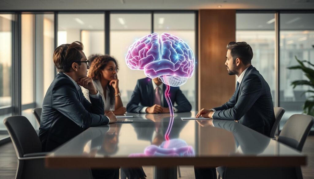 A thoughtful scene capturing the psychological aspects of willpower. In the foreground, a diverse group of three individuals in professional attire sits around a modern conference table, engaging in a focused discussion with thoughtful expressions. In the middle ground, a large, translucent brain graphic illustrates neural connections and pathways glowing with vibrant colors, symbolizing mental strength and resilience. In the background, a tranquil office environment featuring large windows, soft natural light filtering through, enhancing the serene atmosphere. The image should be sharply defined, shot with a Sony A7R IV at 70mm, using a polarized filter for clarity. The overall mood is inspiring and reflective, emphasizing the benefits of self-control and determination in a professional context.
