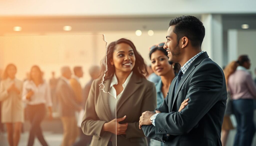 A thoughtful scene illustrating the theme of "Prejudices and Relationships." In the foreground, two individuals of diverse backgrounds engage in a respectful conversation, dressed in professional business attire. They appear open and sincere, showcasing facial expressions of understanding and empathy. The middle ground features a transparent barrier symbolizing prejudices, partially broken down, with soft light illuminating the cracks. The background reveals a blurred community setting, with diverse people interacting harmoniously, conveying a sense of unity. Soft, natural lighting enhances the warmth of the scene, captured with a Sony A7R IV at 70mm, ensuring sharp focus on the two individuals while the background softly blurs, creating an inviting atmosphere that promotes tolerance and connection.