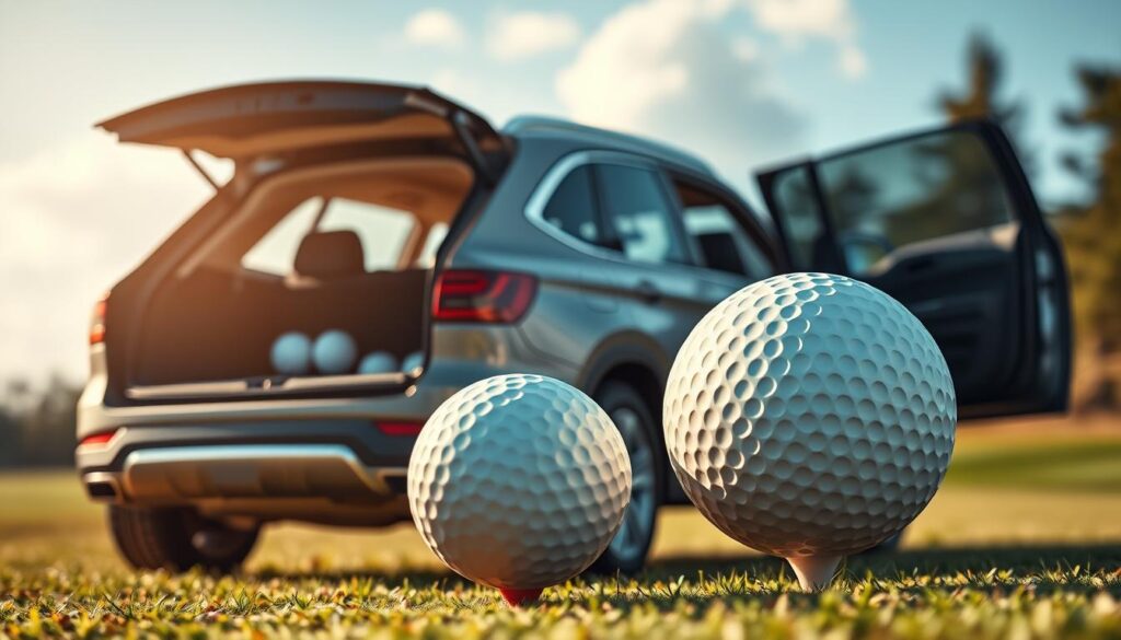 A vibrant and detailed comparison image showcasing the volumes of an SUV and a golf ball. In the foreground, place a realistic, sleek SUV that emphasizes its spacious interior, with an open trunk revealing a stack of golf balls inside, illustrating capacity. The middle ground should feature a large, colorful golf ball next to the SUV, allowing for a clear visual size comparison. The background can include a soft-focus outdoor setting, perhaps a sunny park or a golf course. Use natural lighting to enhance the textures of both the vehicle and the ball, captured with a Sony A7R IV at 70mm, ensuring sharp focus and clarity, with a polarized filter for rich colors and contrast, evoking a bright and informative atmosphere.