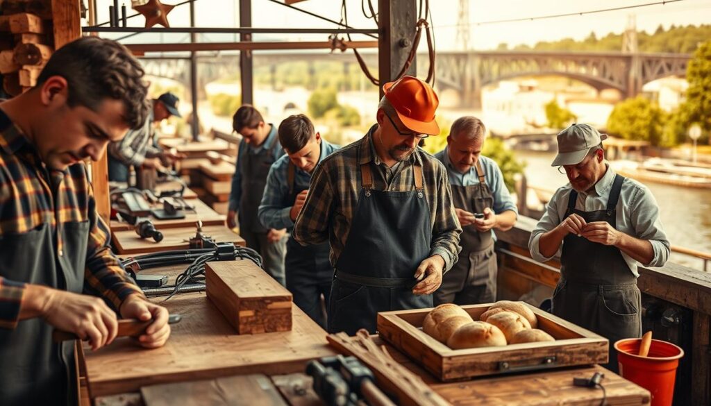 A vibrant and dynamic scene showcasing various skilled tradespeople in Minden, highlighting the rich tradition of craftsmanship in the area. In the foreground, a carpenter delicately chisels wood, while a plumber installs piping, all dressed in professional work attire. The middle ground features an electrician examining wiring, and a baker crafting bread, immersed in their tasks. In the background, the iconic waterways of Minden can be seen, with historic bridges and lush greenery. The scene is illuminated by warm, natural light, casting soft shadows and enhancing the textures of wood and metal. The image is captured with a Sony A7R IV at 70mm, sharply focused and clearly defined, creating a sense of community and dedication within the trades.