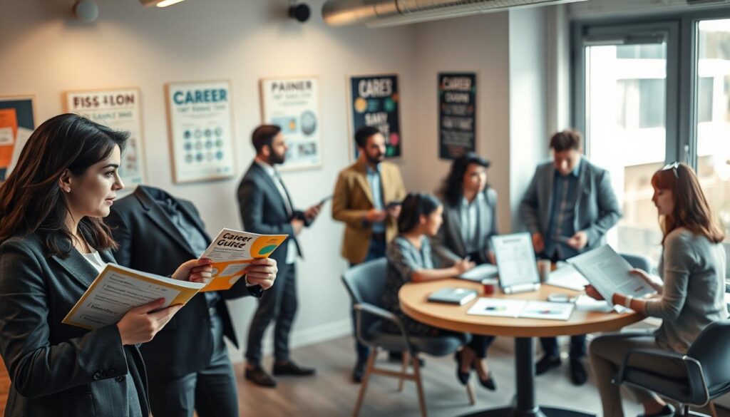 A vibrant and engaging office scene depicting diverse individuals exploring career options. In the foreground, a professional woman in business attire looks thoughtfully at a career guidance brochure, while a man in a smart-casual outfit gestures enthusiastically, discussing possibilities with her. In the middle ground, a small group of people engages in a brainstorming session at a round table, with charts and personality type diagrams spread out. The background features a large window, allowing soft, natural light to fill the room, creating an inviting atmosphere. The setting is modern and stylish, with motivational posters on the walls. Shot on a Sony A7R IV with a 70mm lens, the image is sharply defined, emphasizing clarity and focus on the subjects' expressions and interactions.