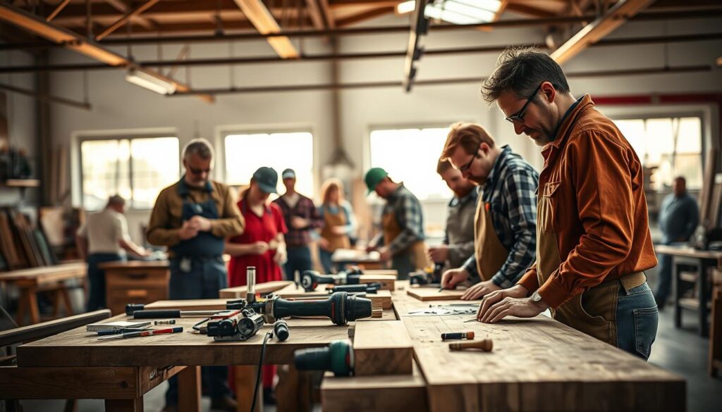 A vibrant and engaging scene showcasing the key employers in the Weserbergland region, featuring a modern workshop environment that reflects craftsmanship in action. In the foreground, a diverse group of skilled tradespeople, dressed in professional work attire, collaborates on a woodworking project, showcasing precision and teamwork. In the middle ground, we see well-organized tools and equipment, surrounded by unfinished wooden pieces, highlighting the tools of their trade. The background reveals a sunlit workshop with large windows, illuminating the space and casting soft shadows, creating a warm atmosphere. Shot on a Sony A7R IV at 70mm, the image captures clear details and sharp definitions, enhanced with a polarized filter for vibrant colors and contrast. The mood is focused and industrious, emphasizing the importance of vocational training and collaboration in the regional craft sector.