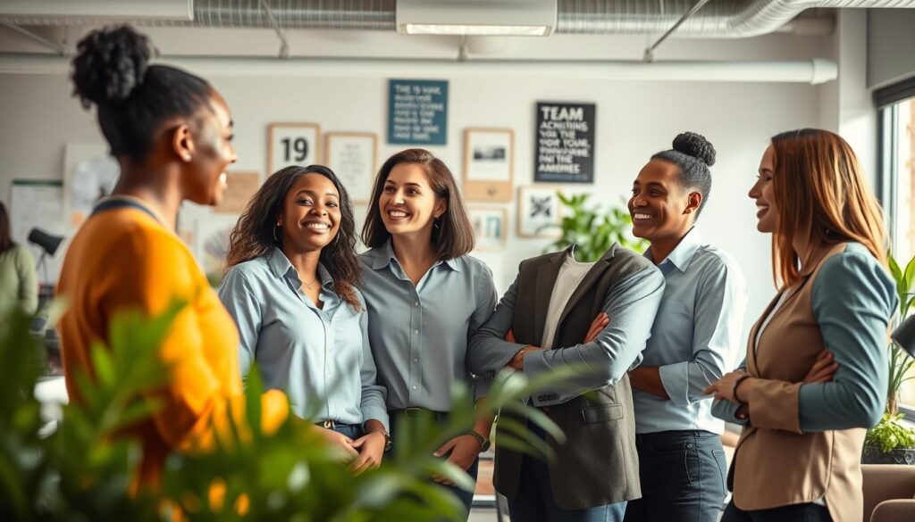 A vibrant and welcoming office environment showcasing positive workplace atmosphere and team dynamics. In the foreground, a diverse group of four professionals engaged in a collaborative discussion, dressed in smart casual attire. Their expressions are animated, showing enthusiasm and camaraderie. In the middle ground, a modern open-plan workspace with plants, bright windows allowing natural light, and comfortable seating areas fosters a sense of community. The background features a wall decorated with motivational posters and team achievements. The image is shot with a Sony A7R IV at 70mm, utilizing a polarized filter to enhance colors and minimize glare, capturing a warm and inviting atmosphere that reflects teamwork and positivity.