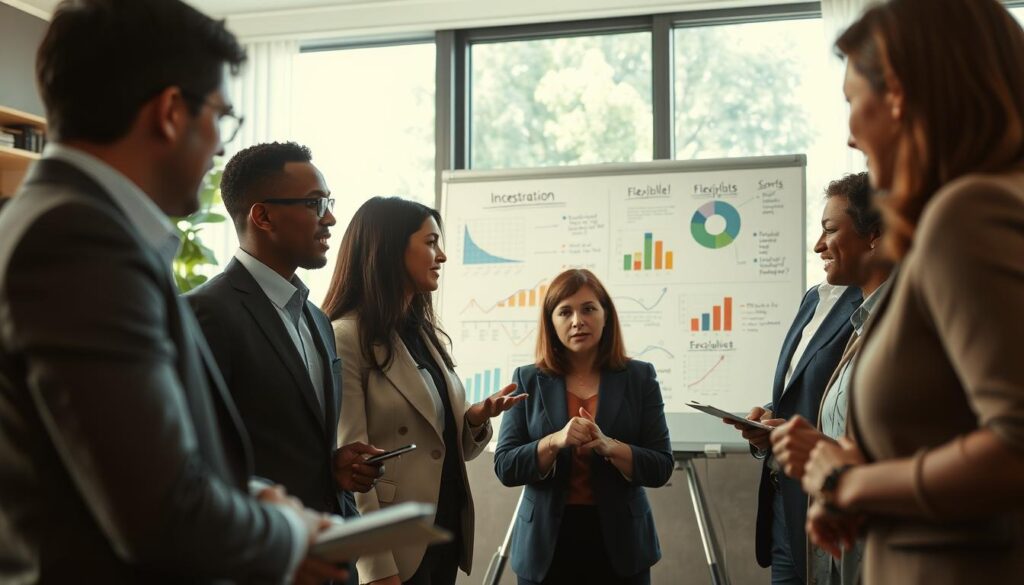 A vibrant business setting highlighting strategies for increasing adaptability. In the foreground, a diverse group of professionals, dressed in smart business attire, collaboratively discussing strategies; their body language indicates engagement and open-mindedness. In the middle, a whiteboard filled with colorful graphs and notes illustrating adaptive strategies such as brainstorming, teamwork, and flexibility. In the background, a large window with natural light pouring in, illuminating the space, creating a warm and inviting atmosphere. The scene captures a sense of collaboration and innovation, with a focus on dynamic interaction. Shot on a Sony A7R IV at 70mm, ensuring crisp details and vibrant colors, with a polarized filter enhancing the lighting effects.