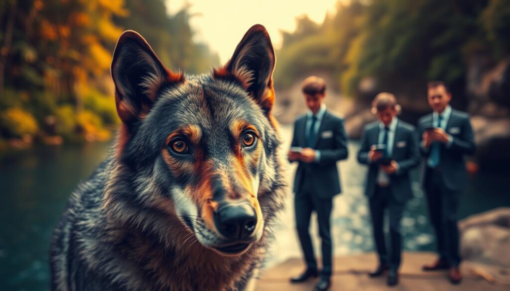A vibrant, close-up scene depicting the intricate relationship between animal behavior and psychology. In the foreground, an intelligent-looking animal, such as a wolf or dolphin, gazes inquisitively, embodying the essence of behavioral science. The middle ground features a lush, natural habitat—dense forest on one side and a serene ocean on the other—symbolizing diverse environments where animal behavior can be observed. In the background, a soft-focus image of researchers in professional attire, observing and taking notes, adds depth to the narrative. The lighting is warm and inviting, capturing the golden hour glow, while the shot is taken with a Sony A7R IV at 70mm, ensuring sharp focus on the animal and a soft blur of the researchers, enhancing the sense of exploration and discovery in animal psychology.