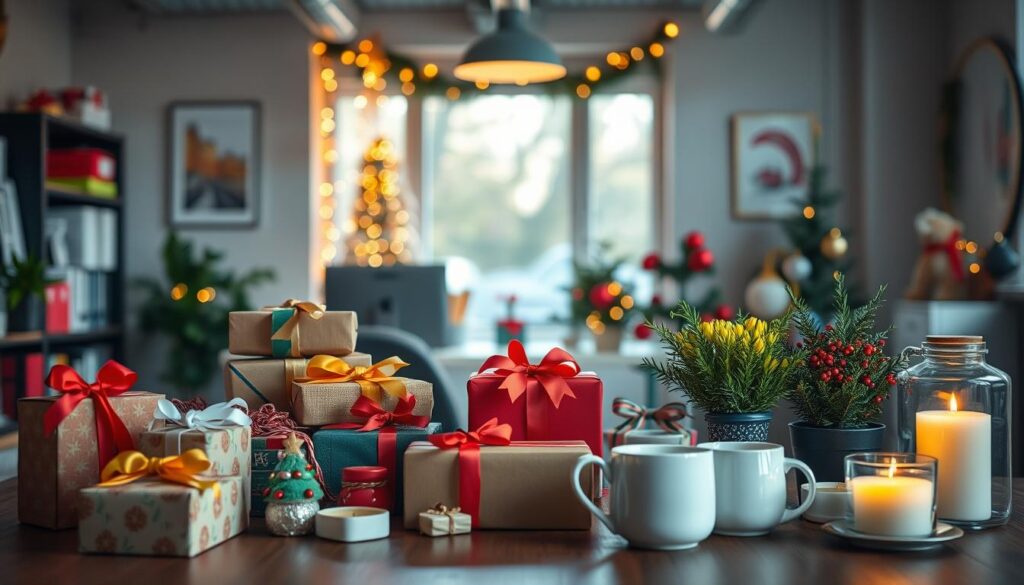 A vibrant, cozy scene showcasing a variety of popular gift items ideal for colleagues, all under €15. In the foreground, an inviting table filled with gift-wrapped boxes, colorful mugs, quirky desk plants, and festive candles. The middle ground features cheerful holiday decorations, like twinkling fairy lights and a small decorated tree, enhancing the ambiance. In the background, an office window with soft sunlight filtering through, creating a warm and inviting atmosphere. The scene should have a professional yet cheerful vibe, capturing the spirit of thoughtful gift-giving. Shot on a Sony A7R IV with a 70mm lens, clearly focused, sharply defined, using a polarized filter to enrich colors and contrast.