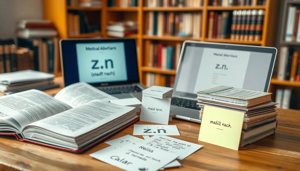 A vibrant, detailed visual representation of various medical abbreviations, specifically focusing on "z.n." (zustand nach) and other alternative medical terms. In the foreground, a neatly arranged desk featuring open medical books and a modern laptop displaying a clear diagram of the abbreviations. In the middle ground, an assortment of handwritten notes and flashcards highlighting different medical terms, with a subtle separation to suggest organization. The background should contain a softly blurred bookshelf filled with medical reference texts, creating an academic atmosphere. The lighting is warm and inviting, emulating a bright working space, shot on a Sony A7R IV at 70mm, clearly focused and sharply defined with a polarized filter, enhancing the image's clarity and depth. The overall mood conveys professionalism and dedication to learning.