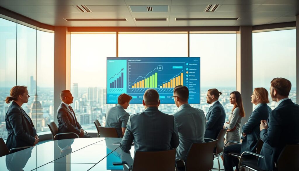 A vibrant, dynamic corporate environment illustrating the transformation of company culture through visionary leadership. In the foreground, a diverse group of professionals in business attire gather around a sleek, modern conference table, engaged in a collaborative discussion. The middle ground features a large digital screen displaying progressive graphs and innovative ideas, symbolizing forward-thinking strategies. The background includes large windows with a panoramic view of a bustling city, bathed in warm morning light, suggesting optimism and growth. The image is composed with a sharp focus, shot on a Sony A7R IV at 70mm, utilizing a polarized filter for enhanced clarity. The overall mood is one of inspiration and teamwork, encapsulating the essence of evolving corporate culture through foresight.