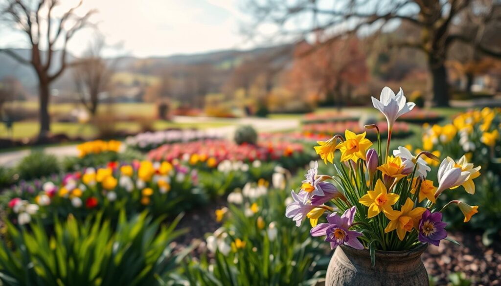 A vibrant garden scene showcasing early spring flowers (Frühblüher) and cut flowers (Schnittblumen) native to Bad Pyrmont. In the foreground, a mix of colorful blooms like crocuses, snowdrops, and daffodils in full bloom, delicately arranged in a rustic vase. The middle ground features lush green foliage and flower beds, displaying a variety of perennials known for thriving in Bad Pyrmont’s climate. The background includes a picturesque view of the Kurpark, with gently rolling hills and serene walking paths under a soft blue sky, dappled with warm sunlight. Captured with a Sony A7R IV at 70mm, ensuring clear focus and sharp definition, enhanced with a polarized filter to enrich colors and contrast. The mood is tranquil and inviting, embodying the essence of a charming spring day in a well-kept garden.