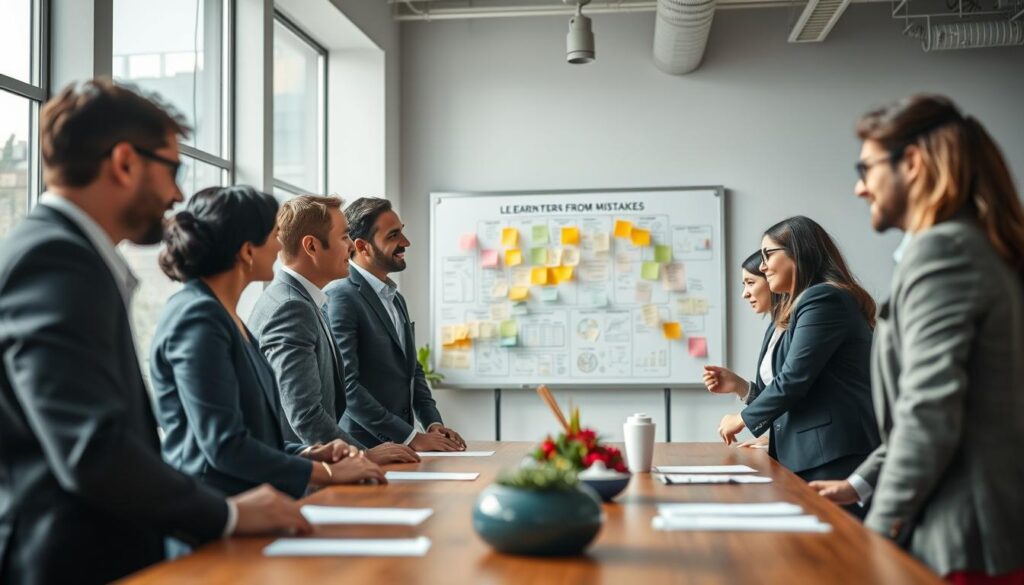 A vibrant, modern office space depicting a positive error culture. In the foreground, a diverse group of professionals, dressed in professional business attire, gather around a table, actively discussing and sharing ideas, with visible expressions of engagement and encouragement. In the middle ground, a large whiteboard filled with colorful sticky notes and diagrams highlights the brainstorming process, symbolizing learning from mistakes. The background features large windows allowing natural light to flood the room, creating an uplifting atmosphere. Utilize a shallow depth of field to draw focus on the group, capturing the warmth and collaborative spirit of the scene. Shot on a Sony A7R IV at 70mm, with sharp definition and a polarized filter to enhance colors and clarity.
